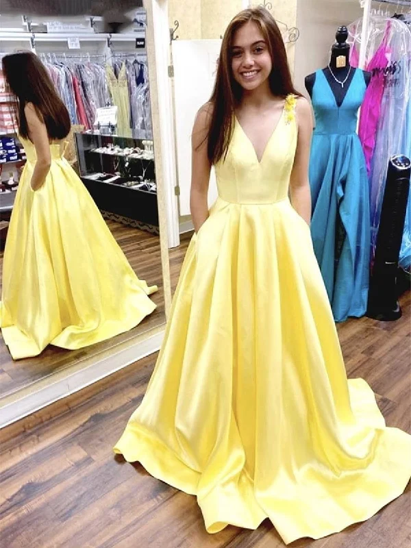 sweetheart-neck party dressesV Neck Yellow Satin Long Prom Dresses with Flower Straps, Yellow Formal Graduation Evening Dresses