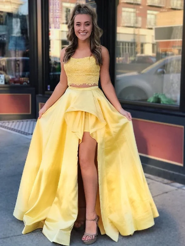 bachelor party dresses (for women)Two Pieces High Low Lace Yellow Prom Dresses, Two Pieces Yellow Formal Dresses, Lace Yellow Evening Dresses