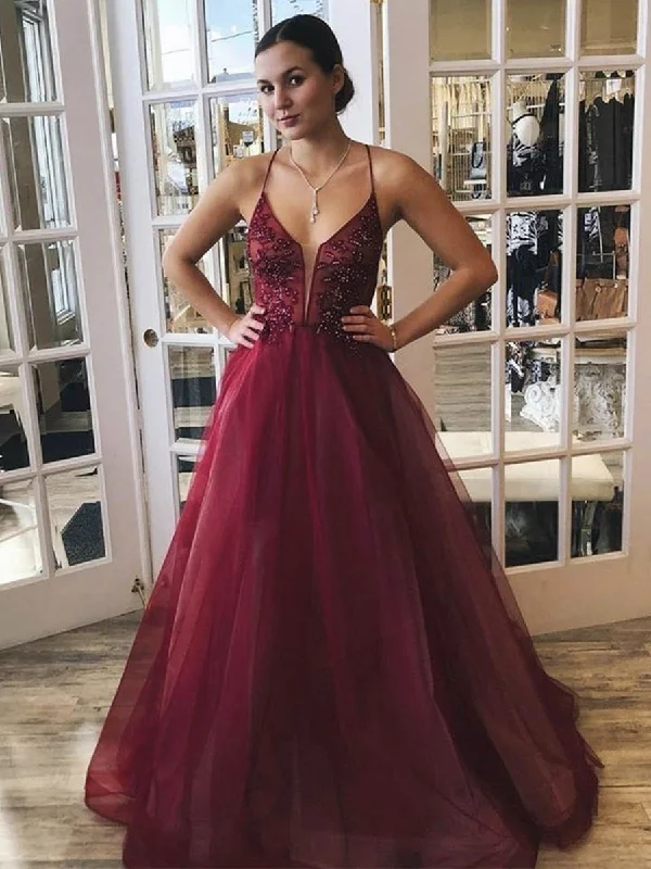 summer party dressesA Line Spaghetti Straps V Neck Beaded Burgundy Long Prom Dresses, V Neck Burgundy Formal Graduation Evening Dresses