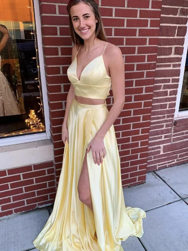 empire waist party dressesTwo Pieces V Neck Long Yellow Prom Dresses with Slit, 2 Pieces Yellow Formal Graduation Evening Dresses