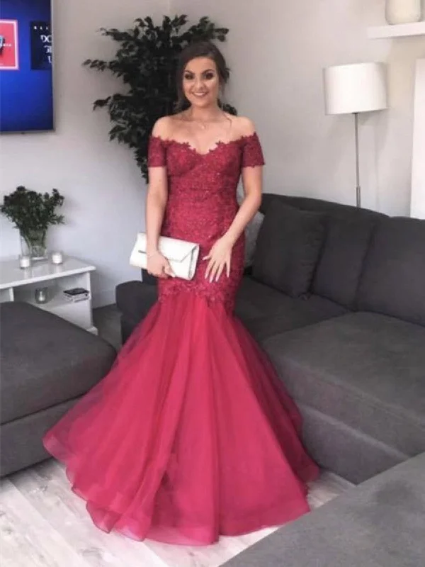 bold color party dressesBurgundy Off Shoulder Mermaid Lace Tulle Long Prom Dresses, Burgundy Mermaid Formal Dresses, Ball Gown, Evening Dresses