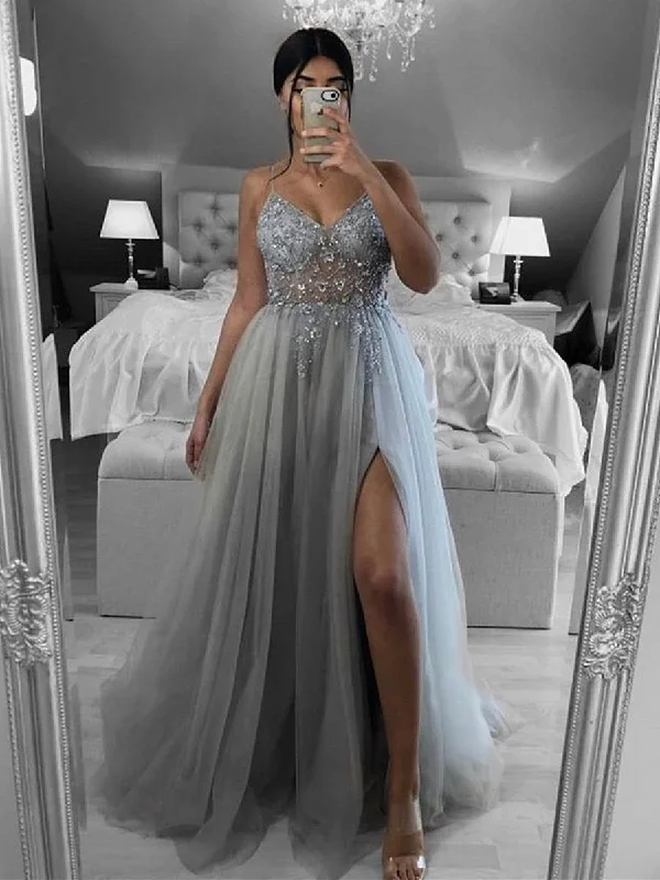 birthday party dressesA Line V Neck Open Back Beaded Gray Long Prom Dresses, Backless Gray Formal Dresses, Gray Evening Dresses