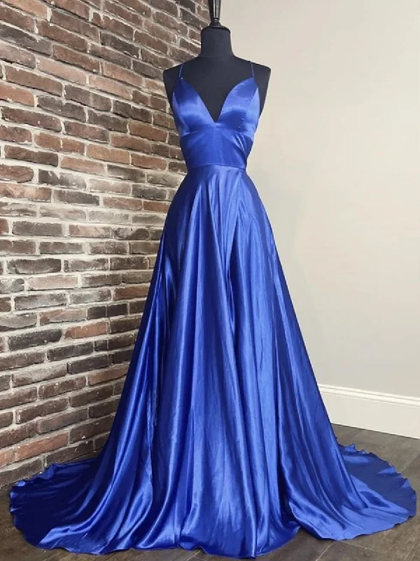 vintage party dressesA Line V Neck Long Blue Prom Dresses, Blue Formal Graduation Evening Dresses