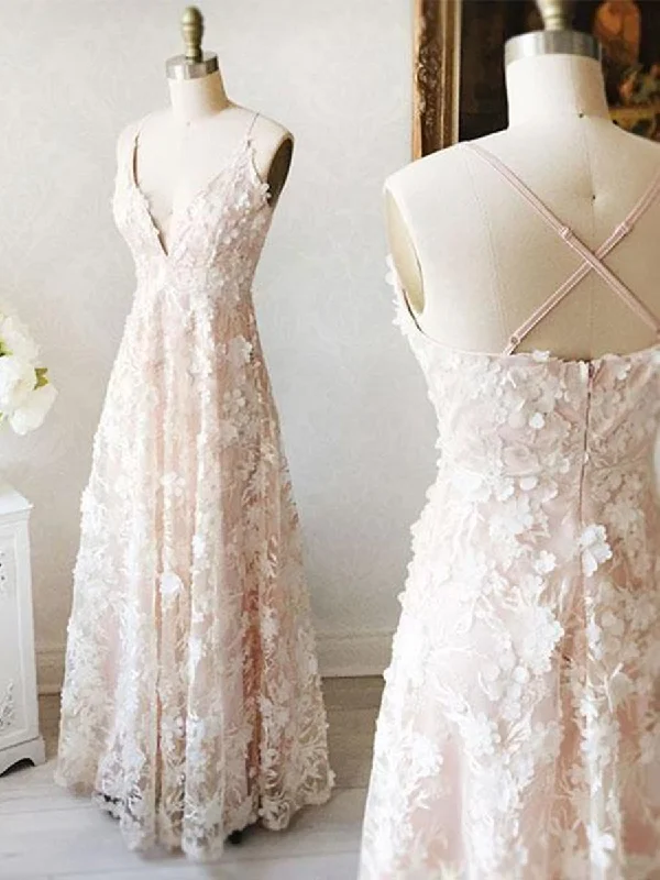 maximalist party dressesA Line V Neck Floor Length Lace Light Pink Long Prom Dresses, Light Pink Lace Formal Dresses, Evening Dresses 2019