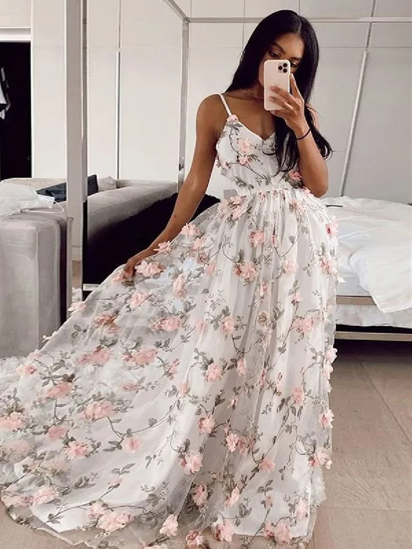 clubwear party dressesA Line V Neck Pink 3D Flowers White Long Prom Dresses, Pink 3D Flowers Formal Graduation Evening Dresses