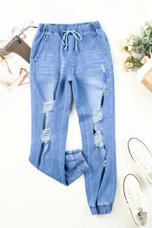 women's denim jeans with embroideryDistressed Denim Pocketed Joggers