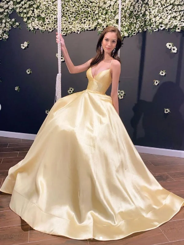 satin party dressesSimple A Line V Neck Backless Yellow Long Prom Dresses, Backless Yellow Formal Dresses, Yellow Evening Dresses