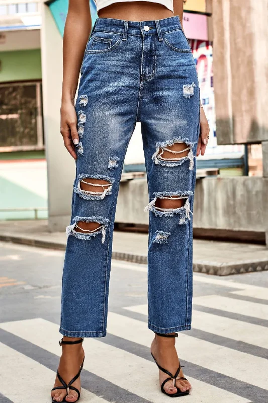 women's low-rise denim jeansDistressed High Waist Straight Jeans