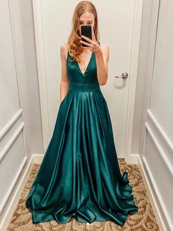 eco-friendly party dressesDeep V Neck Open Back Green Satin Long Prom Dresses, Long V Neck Green Formal Graduation Evening Dresses