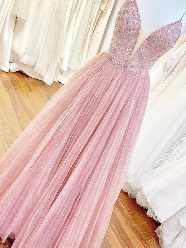 plus-size party dressesShiny V Neck Backless Beaded Pink Long Prom Dresses, Backless Pink Formal Graduation Evening Dresses