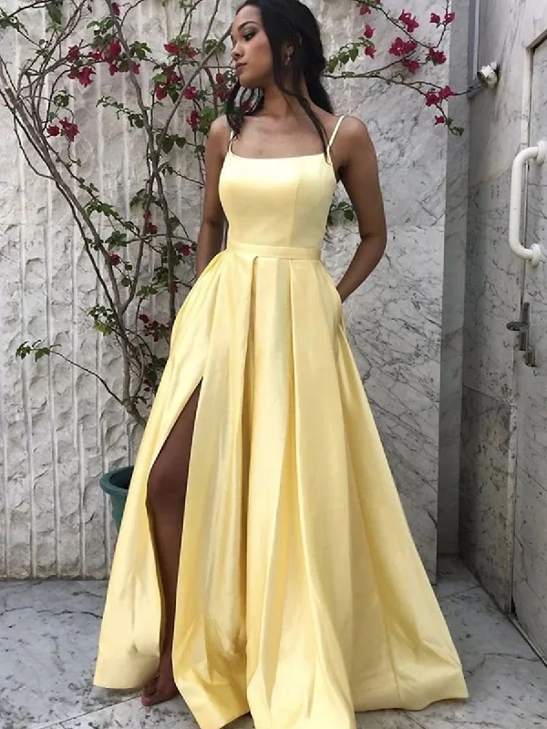 beach party dressesSimple A Line Spaghetti Straps Long Yellow Prom Dresses with Pockets, Yellow Formal Graduation Evening Dresses with Slit