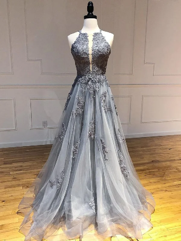 halter-neck party dressesUnique Backless Lace Appliques Gray Long Prom Dresses, Backless Gray Lace Formal Dresses, Lace Gray Evening Dresses