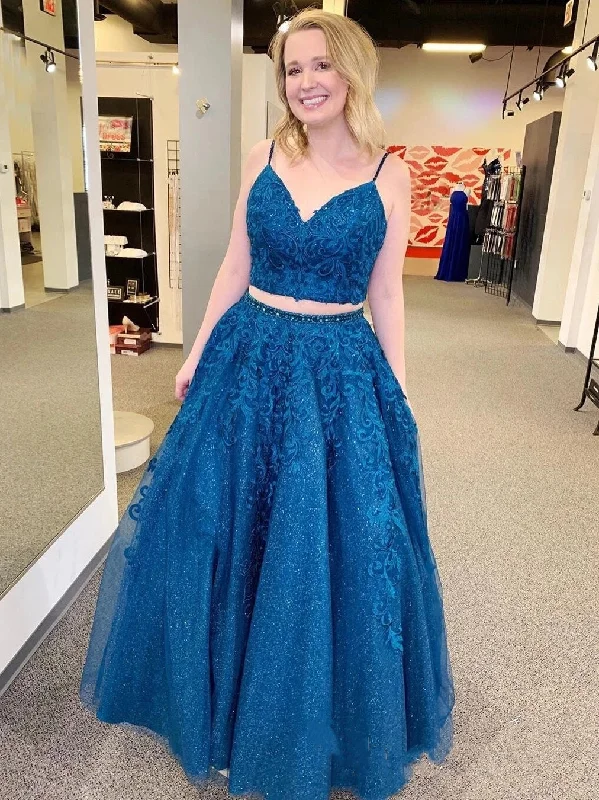 bachelor party dresses (for women)Sparkly A Line V Neck Two Pieces Lace Appliques Blue Prom Dresses, Two Pieces Lace Blue Formal Dresses, Blue Lace Evening Dresses