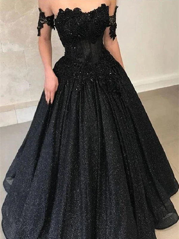 elegant party dressesA Line Off Shoulder Lace Black Long Prom Dresses, Black Lace Formal Dresses, Evening Dresses