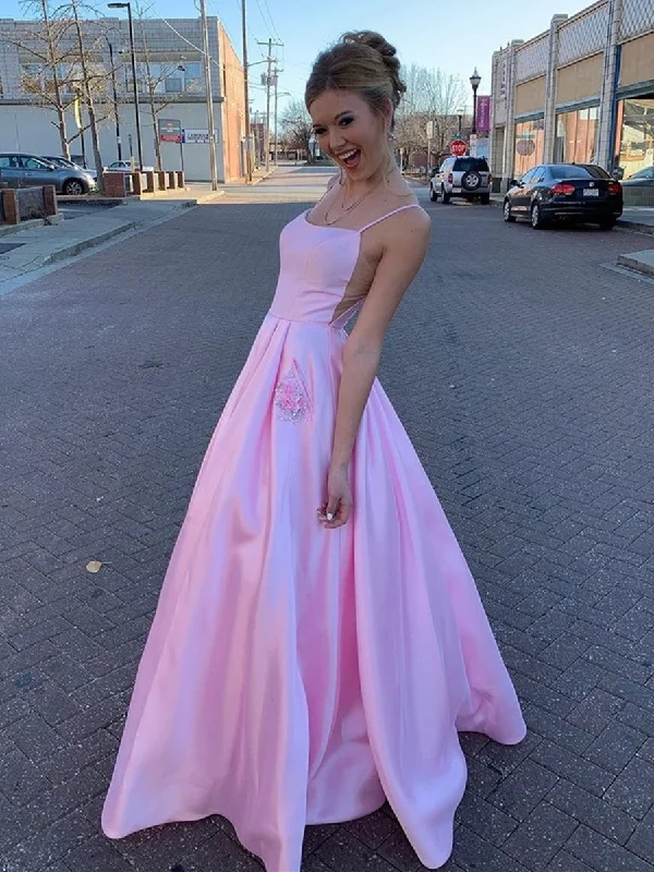 lace party dressesPink A Line Satin Floral Long Prom Dresses with Pockets, Floral Pink Formal Graduation Evening Dresses