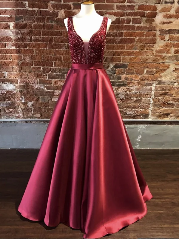 custom-made party dressesGorgeous V Neck Burgundy Long Prom Dresses with Beadings, Burgundy Formal Dresses, Evening Dresses