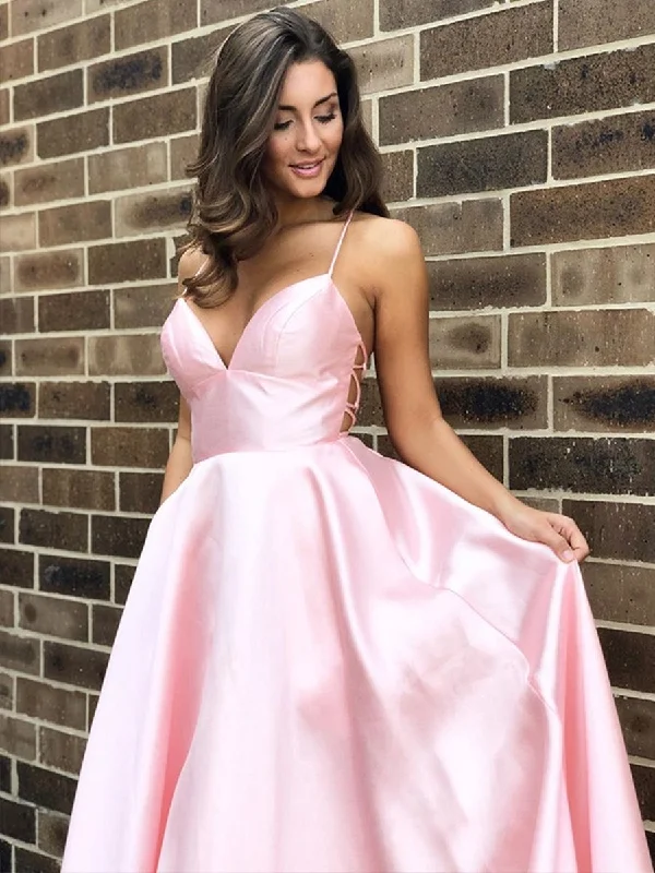 bohemian party dressesSimple A Line V Neck Backless Pink Satin Long Prom Dresses, Backless Pink Formal Dresses, Pink Evening Dresses