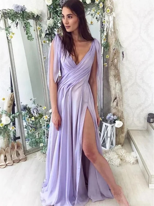 themed party dressesElegant V Neck Purple Chiffon Long Prom Dresses with High Slit, V Neck Purple Formal Dresses, Purple Evening Dresses