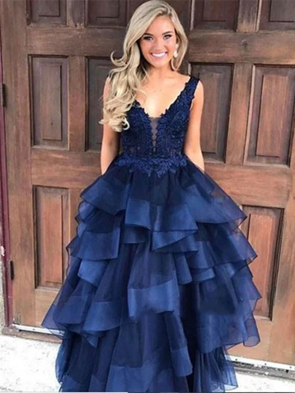 mini party dressesCute V Neck Navy Blue Lace Prom Dress, Lace Prom Gown, Dark Blue Evening Dress