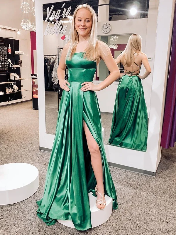 tall party dressesSimple Backless Green Long Prom Dresses with High Slit, Backless Green Formal Dresses, Green Evening Dresses