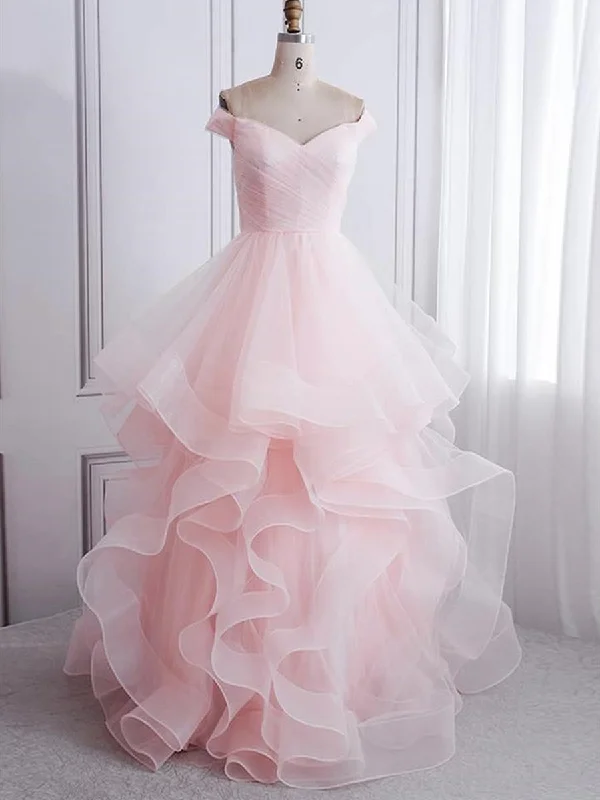 holiday party dressesOff Shoulder Pink Long Prom Dresses, Fluffy Pink Formal Evening Dresses, Ball Gown