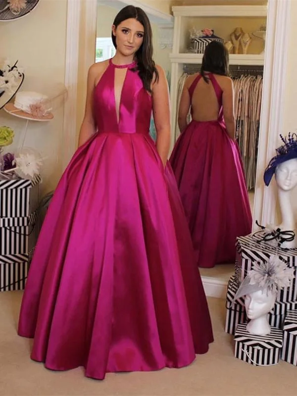 flowy party dressesUnique Halter V Neck Backless Magenta Prom Dresses with Pocket, Backless Magenta Formal Dresses, Sexy Magenta Evening Dresses