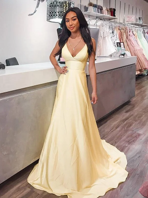 ball gown party dressesV Neck Yellow Satin Long Prom Dresses, Long Yellow Formal Graduation Evening Dresses