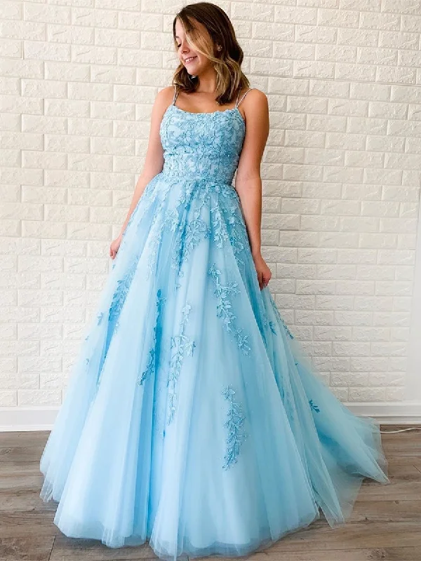 floral party dressesA Line Sky Blue Lace Backless Long Prom Dresses, Backless Sky Blue Lace Formal Dresses, Sky Blue Evening Dresses