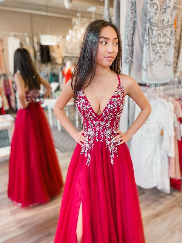 tulle party dressesA Line V Neck Beaded Red Long Prom Dresses with Slit, V Neck Red Formal Dresses, Red Evening Dresses