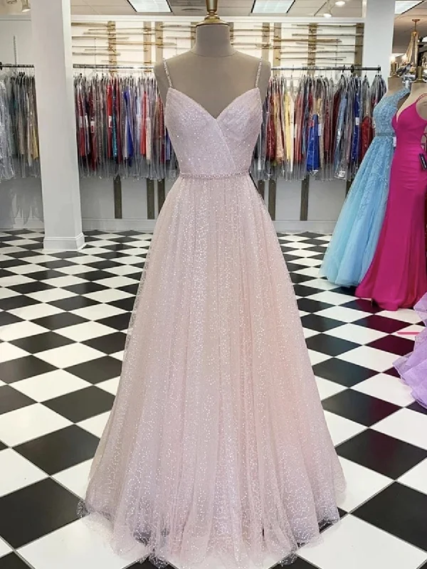 striped party dressesShiny A Line V Neck Sequins Pink Long Prom Dresses, V Neck Pink Formal Graduation Evening Dresses