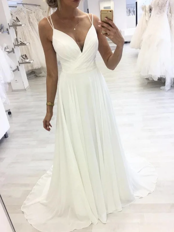 summer party dressesA Line V Neck White Chiffon Long Prom Dresses with Straps, V Neck White Formal Graduation Evening Dresses