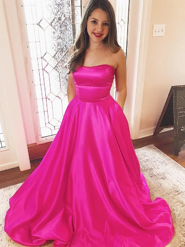 Halloween party dressesStrapless Fuchsia Satin Long Prom Dresses with Pocket, Hot Pink Long Formal Evening Dresses