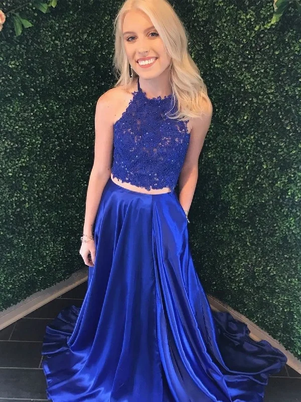 cocktail party dressesA Line Halter Neck Two Pieces Royal Blue Lace Top Prom Dresses, Two Pieces Lace Royal Blue Formal Dresses, Royal Blue Lace Evening Dresses