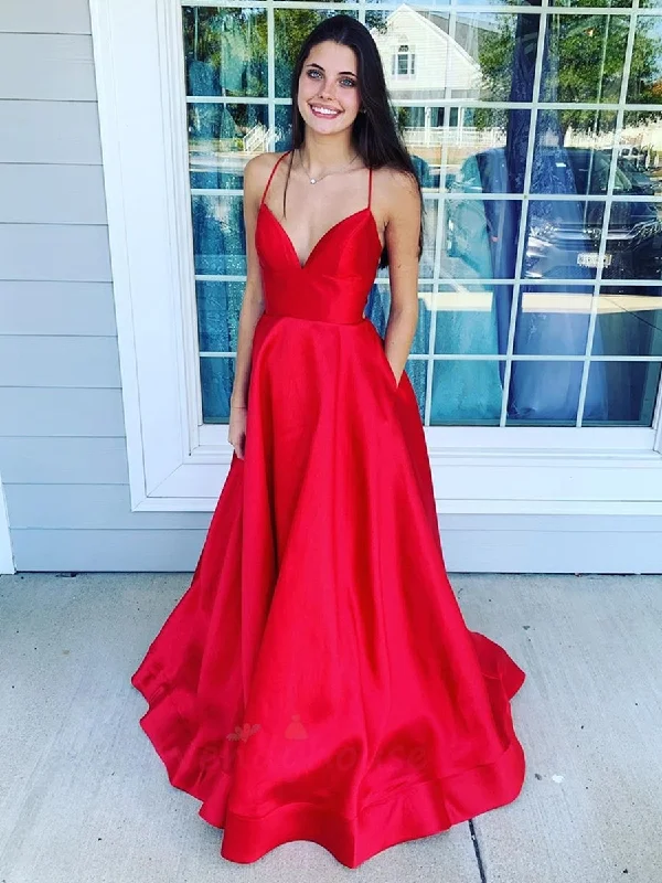 glam party dressesSimple V Neck Backless Red Long Prom Dresses 2020 with Pocket, V Neck Backless Red Formal Graduation Evening Dresses