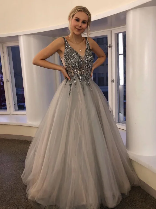 maxi party dressesGorgeous V Neck Beaded Silver Grey Long Prom Dresses, Silver Grey Beaded Formal Graduation Evening Dresses