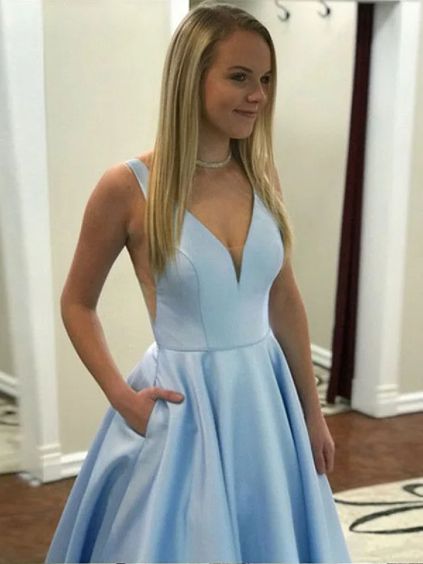 neon party dressesA Line V Neck Light Blue Satin Long Prom Dresses with Pocket, V Neck Light Blue Formal Graduation Evening Dresses