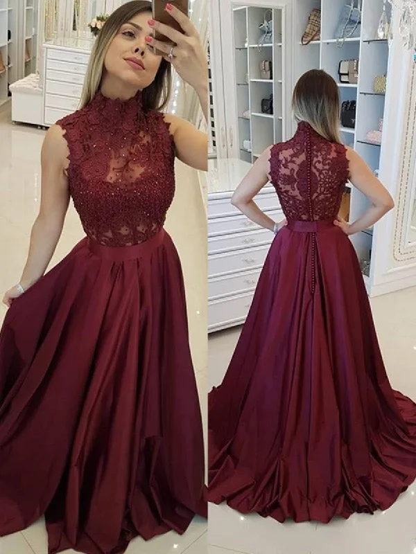 polyester party dressesA Line High Neck Lace Beading Burgundy Satin Long Prom Dresses, Burgundy Lace Formal Dresses, Burgundy Evening Dresses