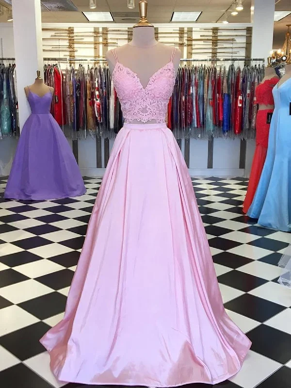 A-line party dressesA Line V Neck Two Pieces Lace Top Pink Satin Long Prom Dresses, Pink Two Pieces Lace Formal Graduation Evening Dresses