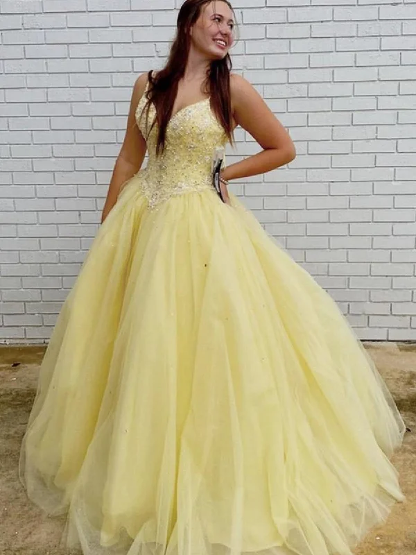 bachelorette party dressesGorgeous V Neck Beaded Yellow Long Prom Dresses, V Neck Yellow Formal Dresses, Yellow Evening Dresses, Ball Gown