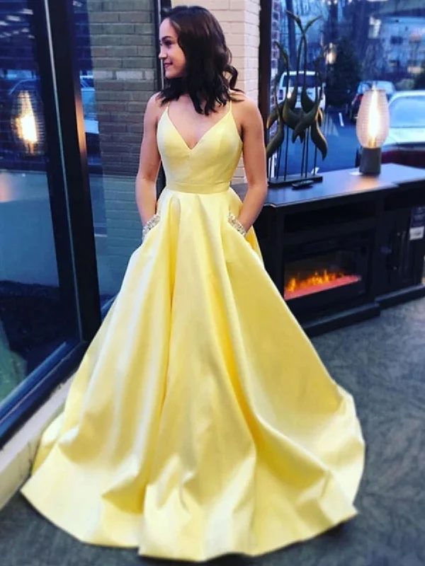 comfortable party dressesA Line Spaghetti Straps Yellow V Neck Satin Long Prom Dresses with Pockets, V Neck Yellow Formal Graduation Evening Dresses