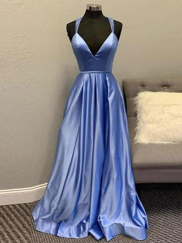 eco-friendly party dressesA Line V Neck Backless Blue Long Prom Dresses, Open Back Blue Formal Graduation Evening Dresses