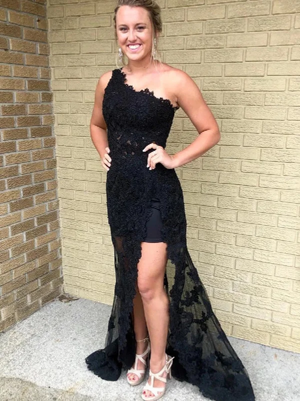 lace-up party dressesUnique One Shoulder Black Lace Long Prom Dresses with High Slit, Black Lace Formal Graduation Evening Dresses