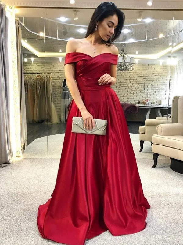 metallic party dressesElegant Off Shoulder Burgundy Satin Long Prom Dresses, Off the Shoulder Burgundy Formal Graduation Evening Dresses