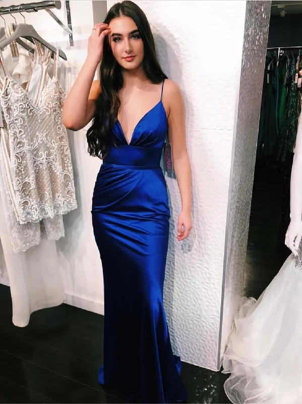 satin party dressesV Neck Spaghetti Straps Mermaid Long Royal Blue Prom Dresses, Mermaid Royal Blue Long Formal Dresses, Royal Blue Evening Dresses