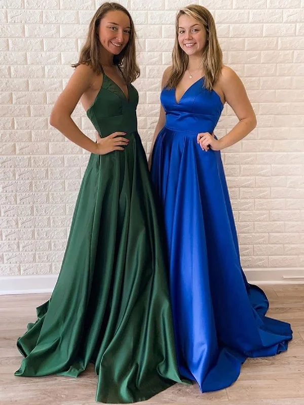 polka dot party dressesSimple A Line V Neck Backless Dark Green/Royal Blue Prom Dresses, Open Back Dark Green/Royal Blue Formal Graduation Evening Dresses