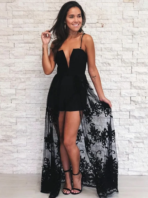 custom-made party dressesCustom Made A Line V Neck Spaghetti Straps Lace Black Prom Dresses, Black Formal Graduation Evening Dresses