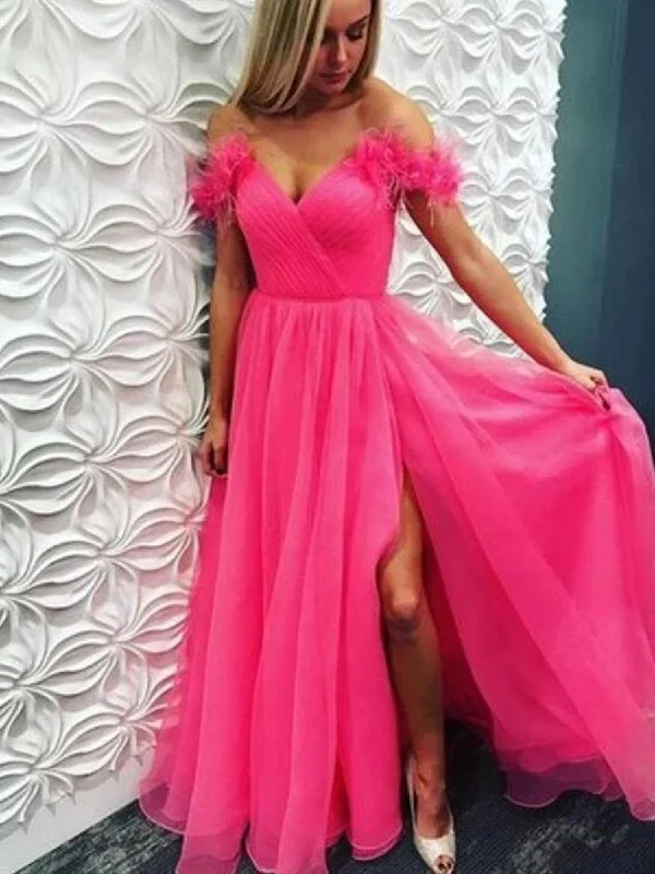 leather party dressesOff Shoulder Hot Pink Long Prom Dresses with Slit, Hot Pink Off Shoulder the Long Formal Evening Dresses