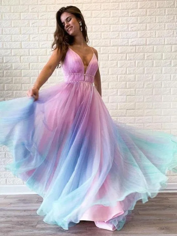 bodycon party dressesA Line V Neck Ombre Long Prom Dresses, Multi Color Ombre Long Formal Evening Dresses