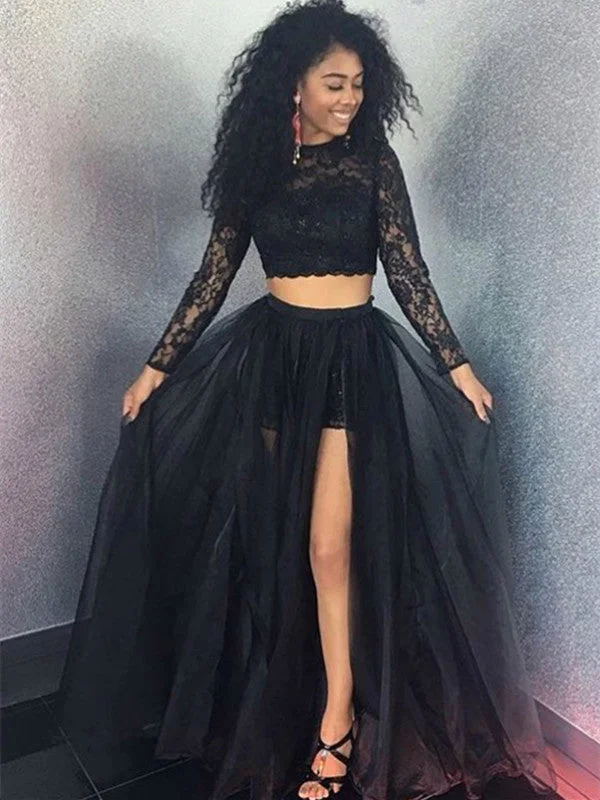 maximalist party dressesTwo Pieces Long Sleeves Lace Black Prom Dresses, Two Pieces Black Formal Dresses, Evening Dresses