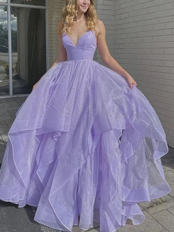 bachelorette party dressesShiny V Neck Purple Long Prom Dresses, Fluffy Purple Formal Evening Dresses, Sparkly Ball Gown